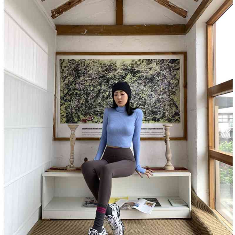 Women Ribbed Roll Neck Jumper With Thumb Hole Autumn Rib Crop Knitwear 210512