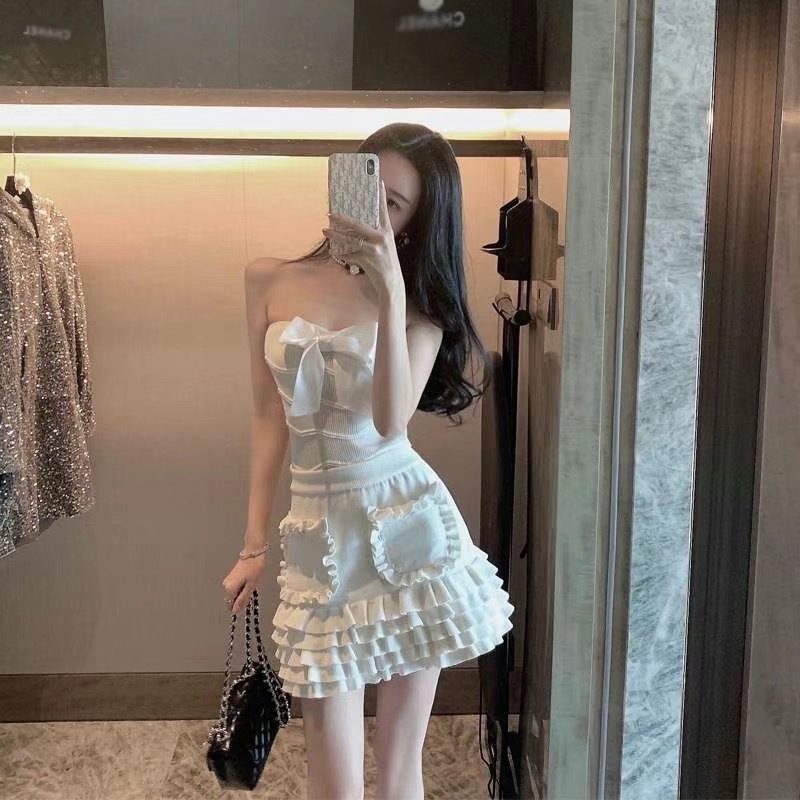 Summer 2 Piece Set Women Sexy Sweet Bowknot Knitted Strapless Top + High Waist Ruffles Cake Mini Skirt Suit 210519