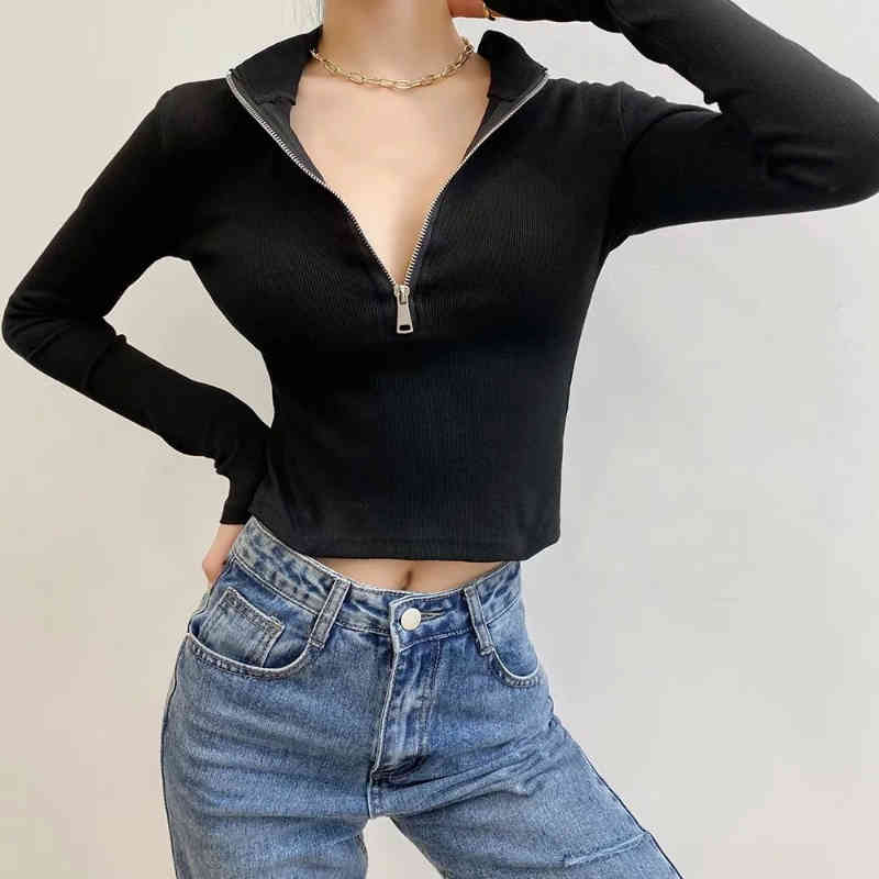 Nomikuma New Slim Long Sleeve T-shirts Korean Zipper Stand Neck Shirts for Woman Sexy Solid Basic Graphic Tees Shirt 6G922 210427