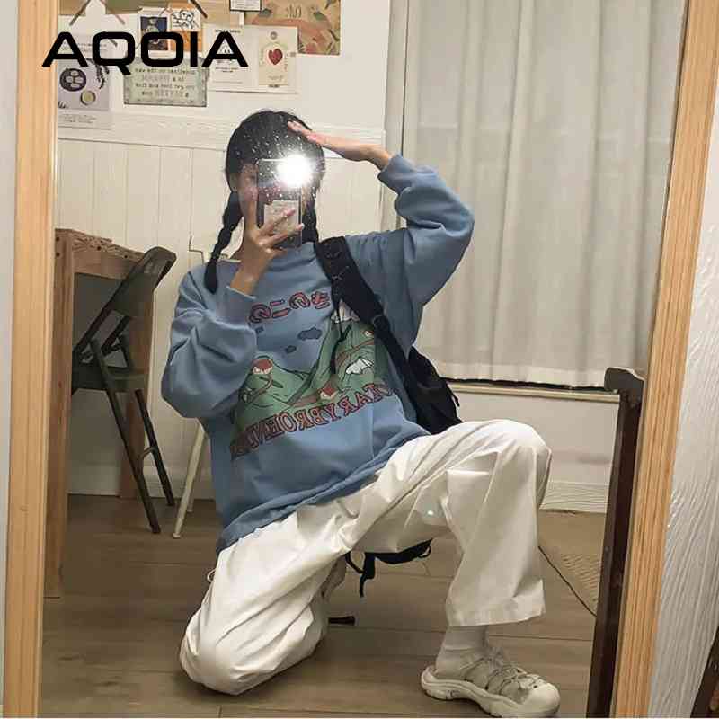 Autumn Japan Stlye Cartoon Printing Looss women's sweatshirt Hoodies Cotton Women Sweatshirts Plus Size Female Pullovers 210521, Blue