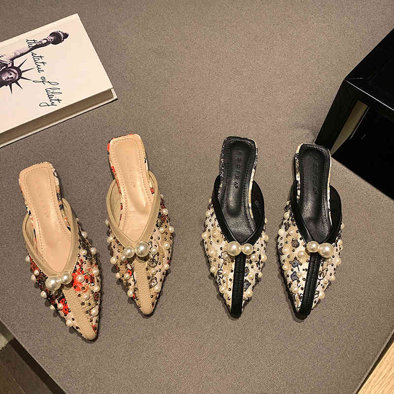 Elegant bead string women's flat sandals felt top summer Lefu slippers Lace black and white stitching lady slide