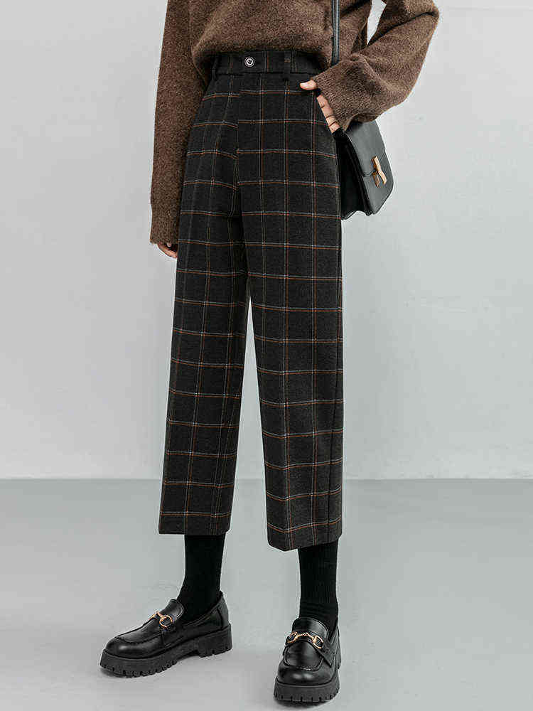 Seoulish Autumn Winter Woolen Plaid Women Formal Straight Pants High Waist Ankle-Length Chic Loose Ladies Pocket 211115