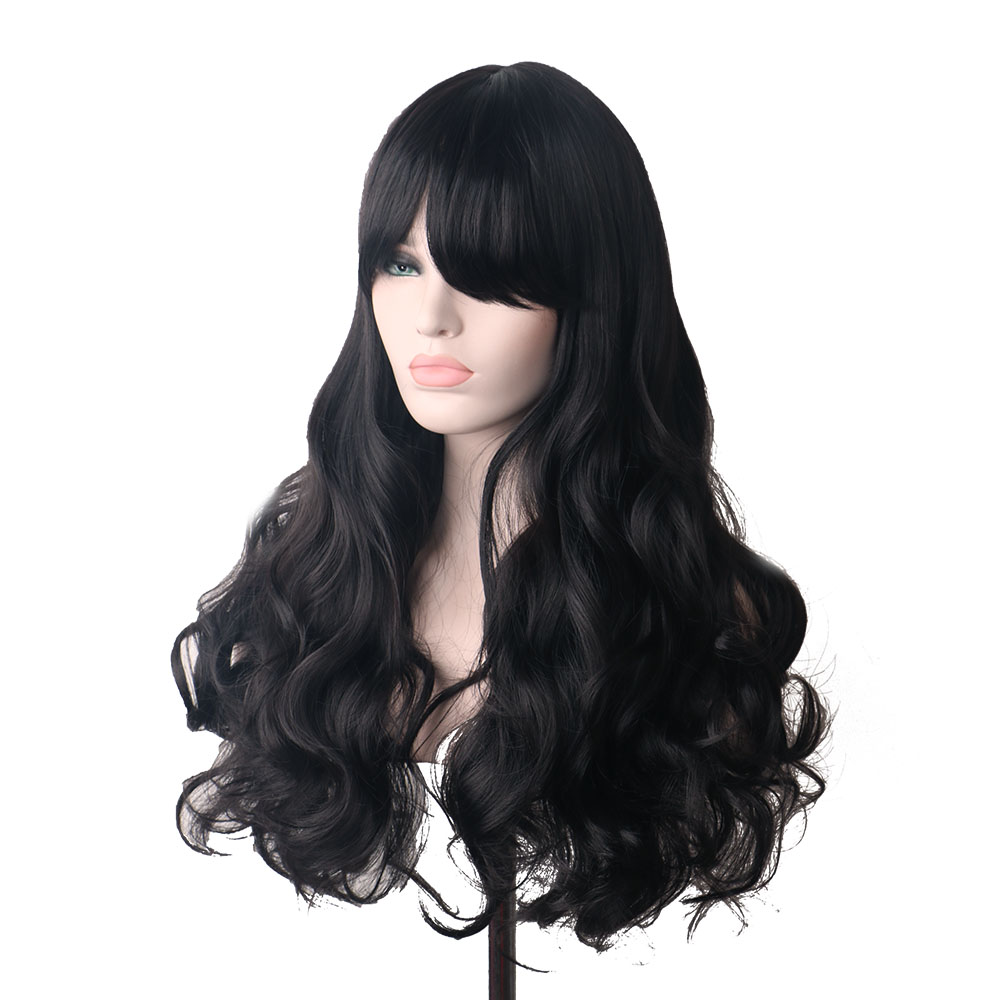 WoodFestival Synthetic Hair Black Long Wavy Wig With Bangs Cosplay Wigs For Womens Ombre High Temperature Fiber
