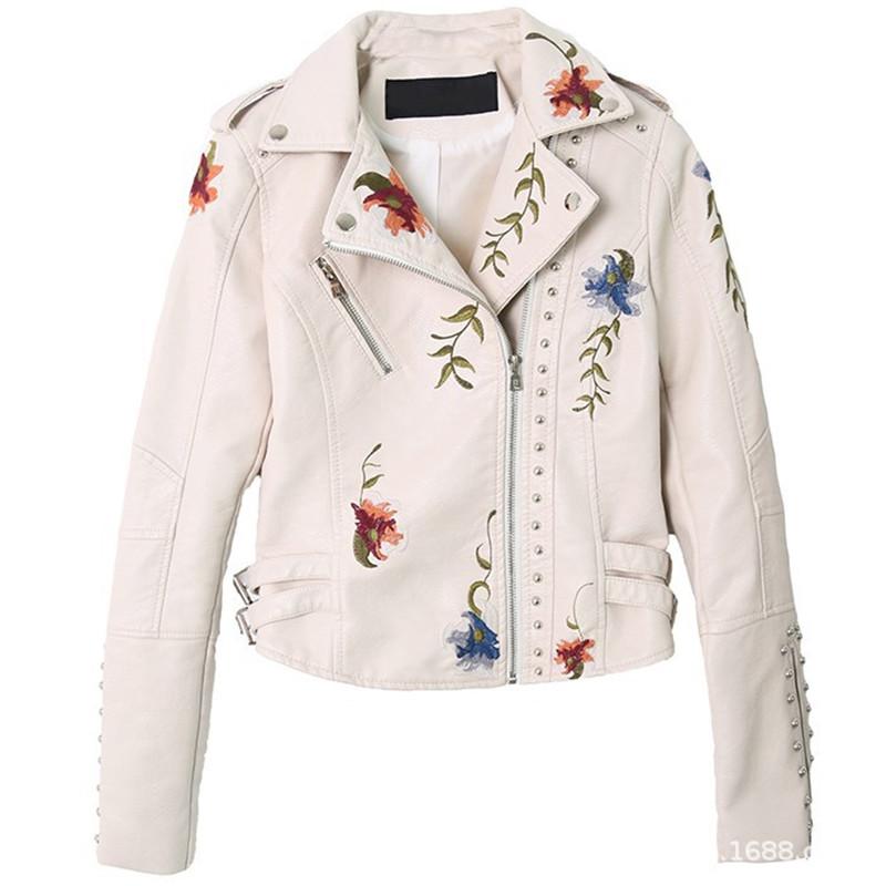 Running Jackets Women Biker Leather Jacket Floral Print Embroidery Faux Coat Turn-down Collar Pu Motorcycle Punk Outerwear