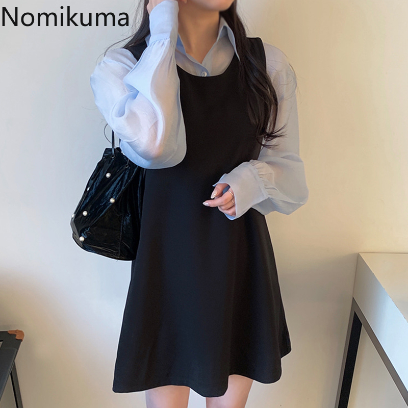 Nomikuma Korean Chic Women 2pieces Sets Turn-down Collar Single Breasted Puff Sleeve Blouse + A-line Tank Dress New Suits 6E361 210427