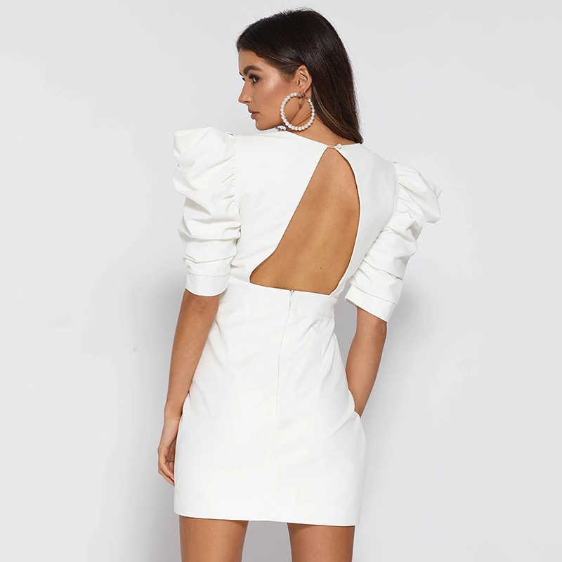 DEAT Women Dress V-Neck Short Puff Sleeve Arrivals Lady Sexy Backless Temperament Fashion Spring Summer 11D1342 210709
