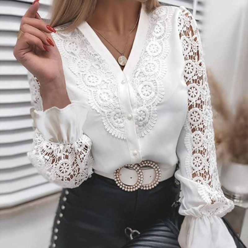 Spring Sexy Lace Patchwork Hollow Out Shirt Fashion White Vintage Long Sleeve Tops Button Mesh Crochet Blouse Women 13267 210427