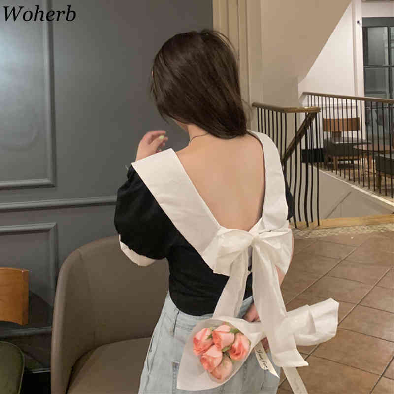 Summer Korean Women Blouses Crop Top Shirts Bow Bandage Elegant Tops Fashion Cute Blouse Kawaii Ladies Blusas Mujer 210519