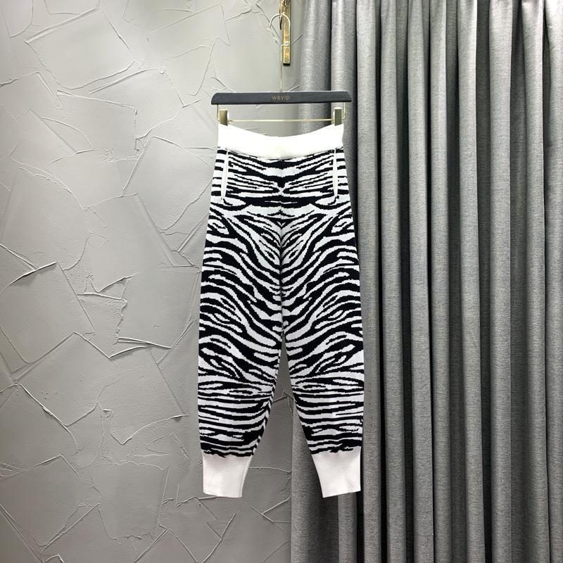 Nomikuma Fashion Zebra Striped Knitted Pants Korean High Waist Women Sweater Trousers Causal New Long Sweat Pants 6E048 210427