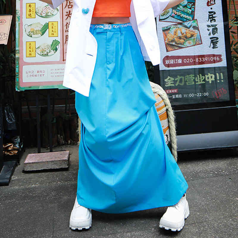 Blue Japan Style Skirt For Women High Waist Patchwork Button Casual Minimalist Maxi Skirts Female Fashion 210521