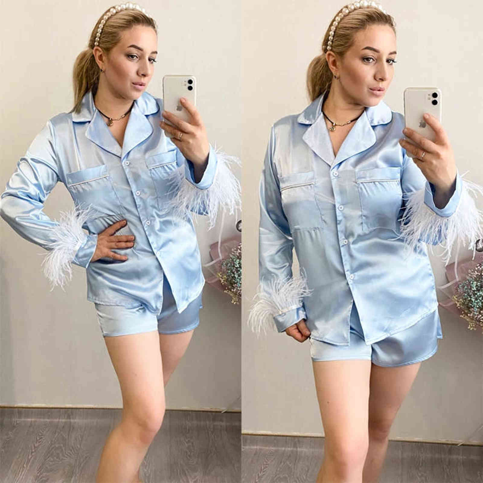 Restve Feathers Pajamas Women 2 Piece Set Long Sleeve Turn Down Collar Top Pockets Autumn Casual Night Suits With Shorts Satin 211118