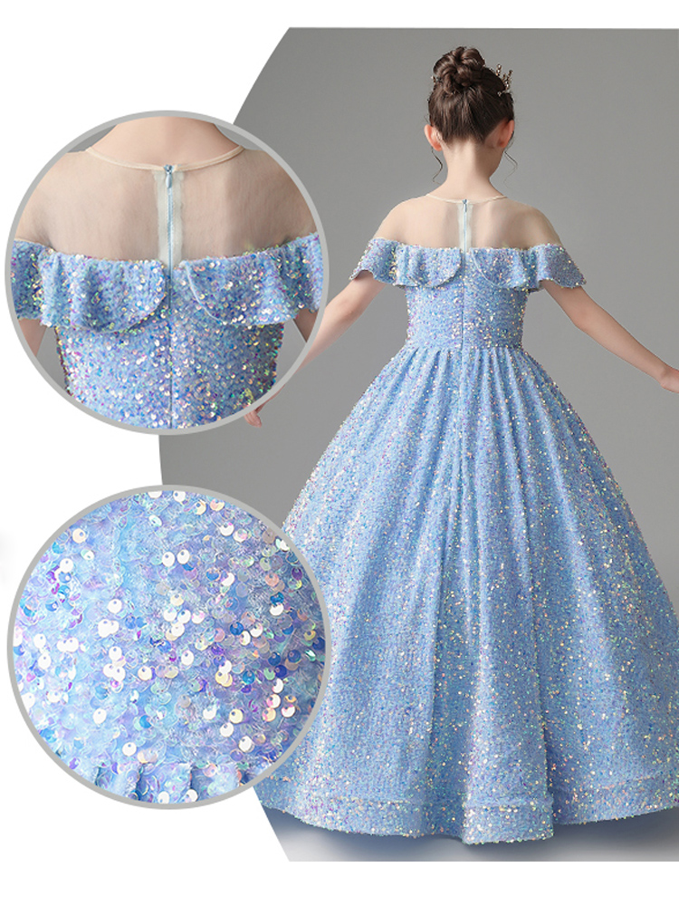 Fancy Light Sky Blue Flower Girls' Dresses Sheer Neckline Sparkling Shining Sequins Fabric Ball Gown Girl's Party Gowns