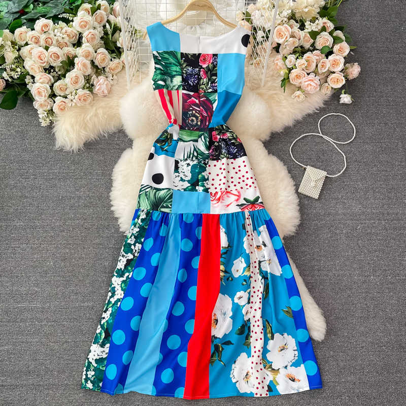 DEAT Women Printing Dress Round Neck Sleeveless Arrivals Lady Temperament Fashion Spring Summer 11D1406 210709