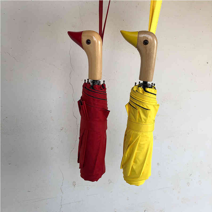 Semi-Automatic Sun Umbrella Cute Duck Head Wood Handle 8k 2 Folding Windproof Black Coating UV Protection Women Rain Umbrellas 210320