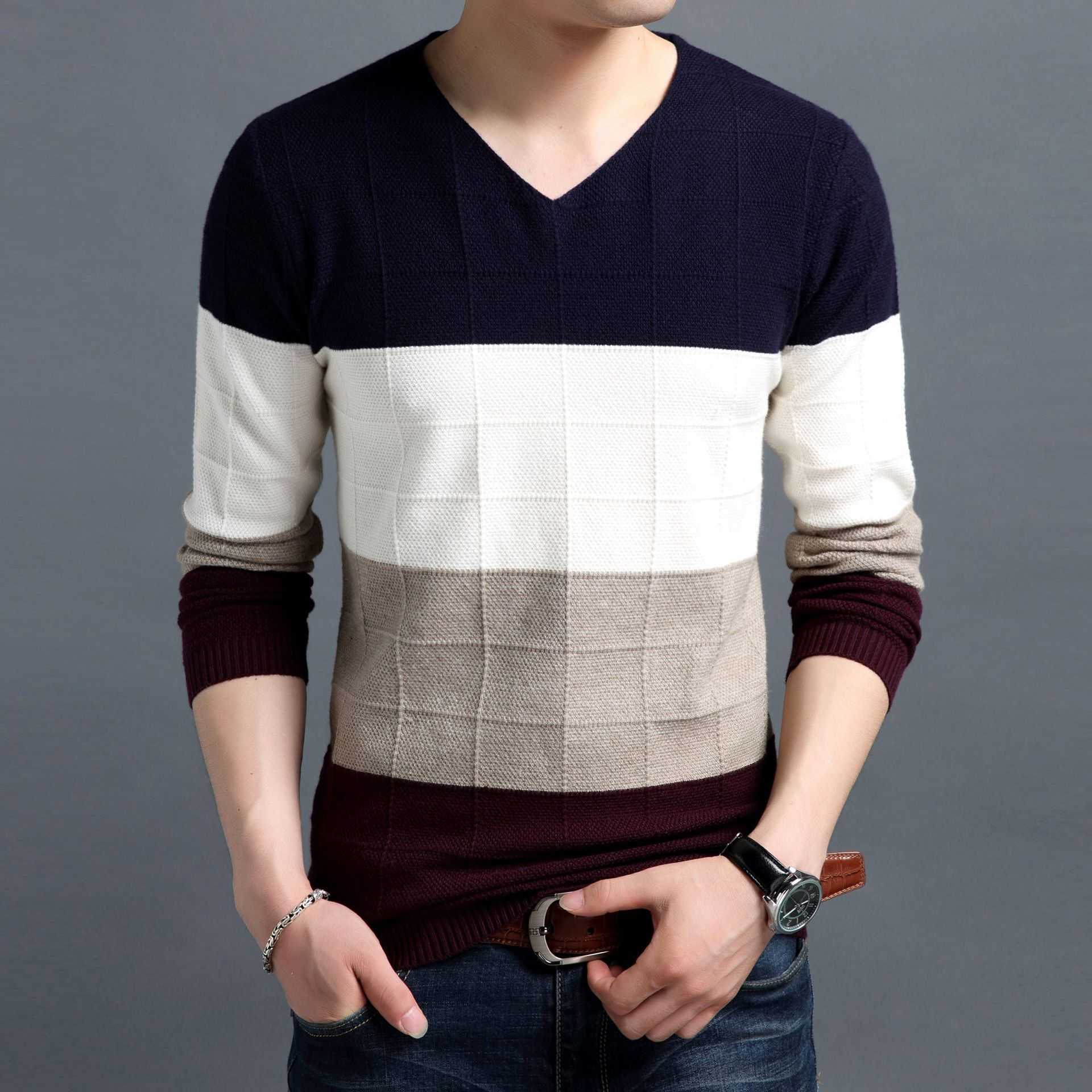 Men Pullover Fashion V Neck Spring Autumn Slim Fit Knit Patchwork Striped Male Sweater Casual Jumpers Outwear Full Sweater 210818