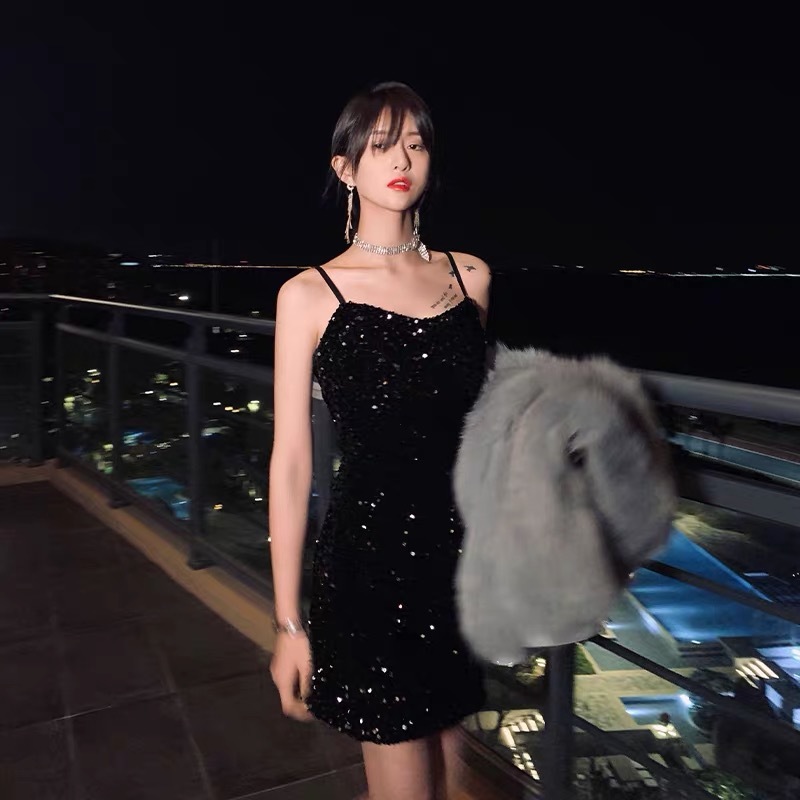 sexy dress mini black sequined bodycon club night spaghetti stap gothic party summer es for women vestidos 210421