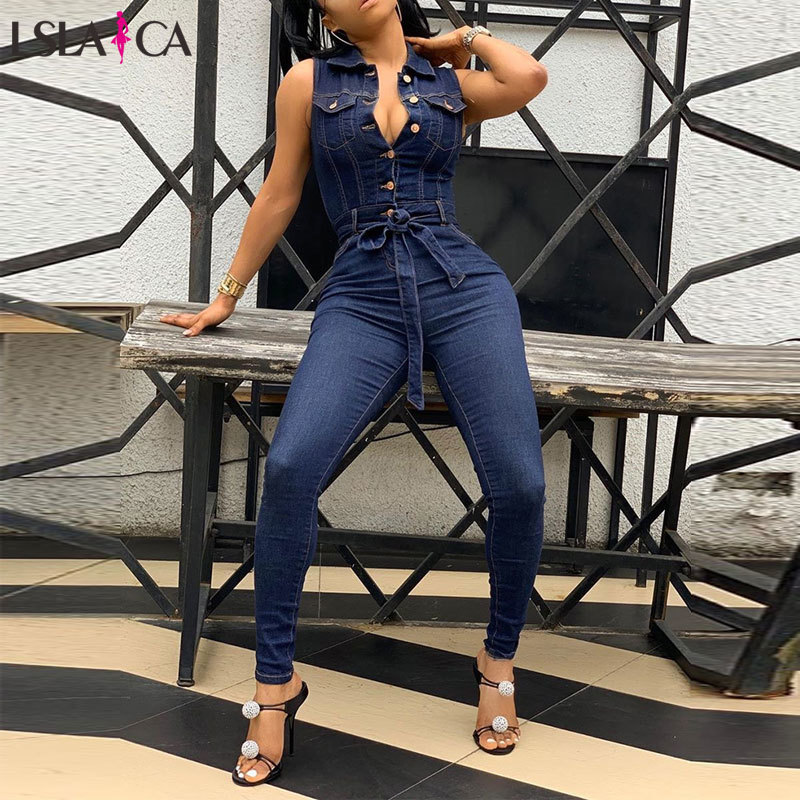 Women Jumpsuit Jeans Fashion Sleeveless Denim Overalls Sexy Belt Turn Down Collar Rompers Girls Pocket Long Pants 210520