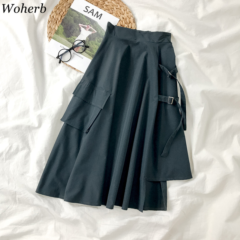Faldas Mujer Moda Japanese Saia Spring High Waist Irregular A-line Pleated Jupe Solid Big Pocket Mid Length Skirt 210519