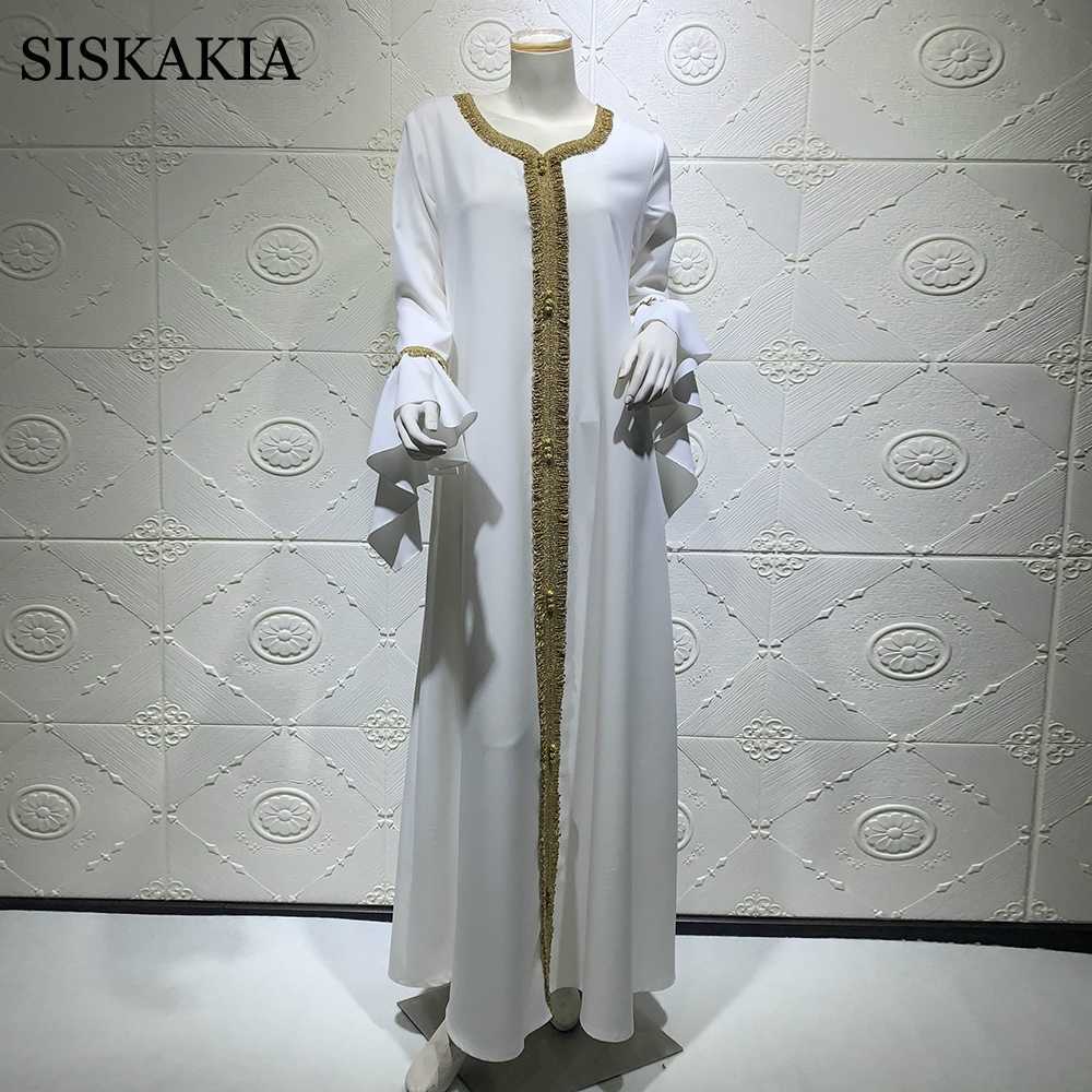 Siskakia Jalabiya Kaftan Dress For Women Dubai Turkey Golden Ribbon Embroidery Loose Muslim Arabic Islamic Clothing White 210729