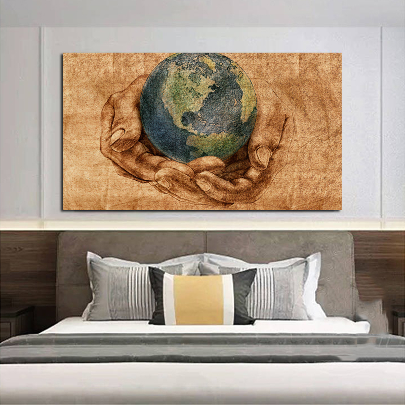 Earth on Hands Vintage Decorative Paintings Retro Posters Wall Art Pictures For Living Room Canvas Prints Home Decor