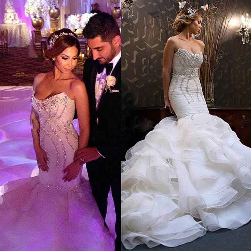 Arabic Mermaid Wedding Dresses scoop Crystals Organza Ruffles Bridal Gowns Long Robe De Mariee