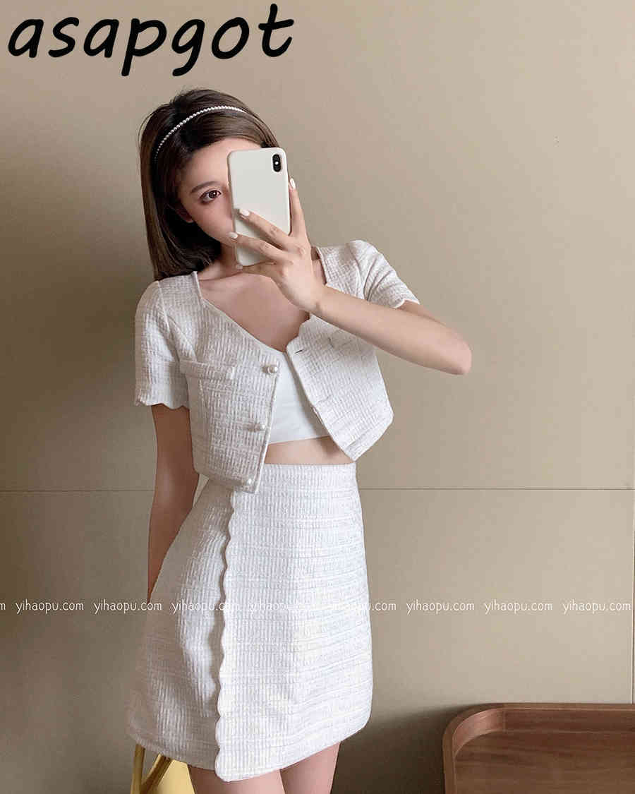 Temperament Single-breasted Square Neck Short Sleeve Jacket Women Wild Summer Sets High Waist Skirt Fashion Korean Casual 210429