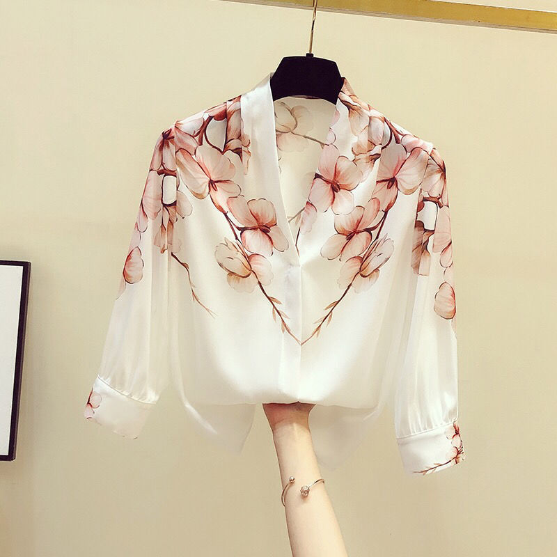 Women's Spring Autumn Style Chiffon Blouses Shirt V-Neck Printed Three Quarter Sleeve Casual Loose Tops DF3895 210317