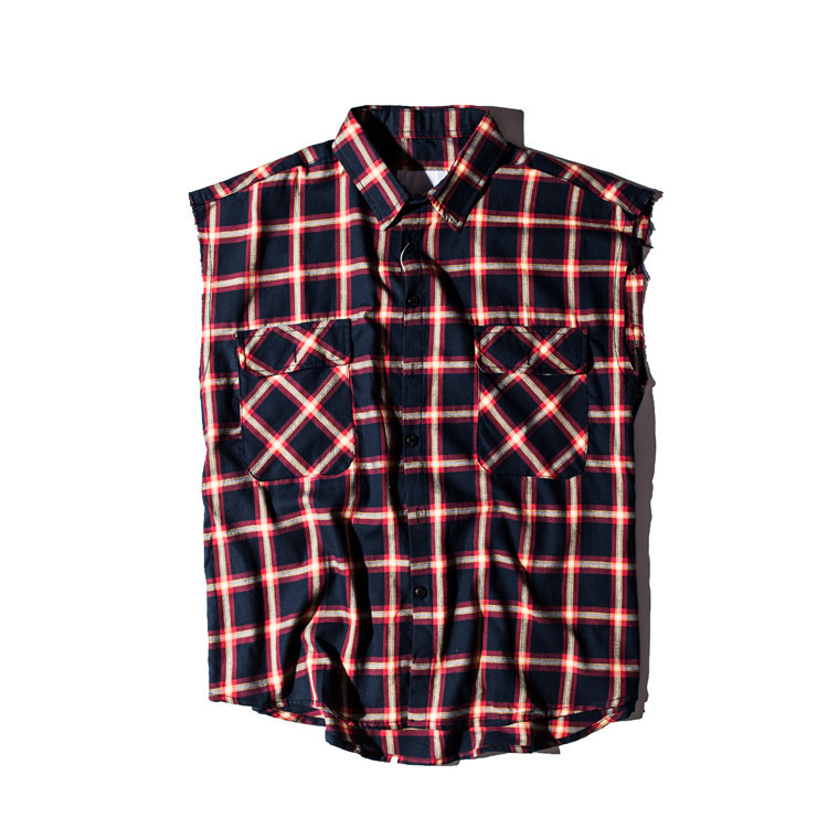 Fashion Brand Plaid shirt Men Hip hop sleeveless Shirts Mens side zipper shirtcamisa masculina swag Plus Size