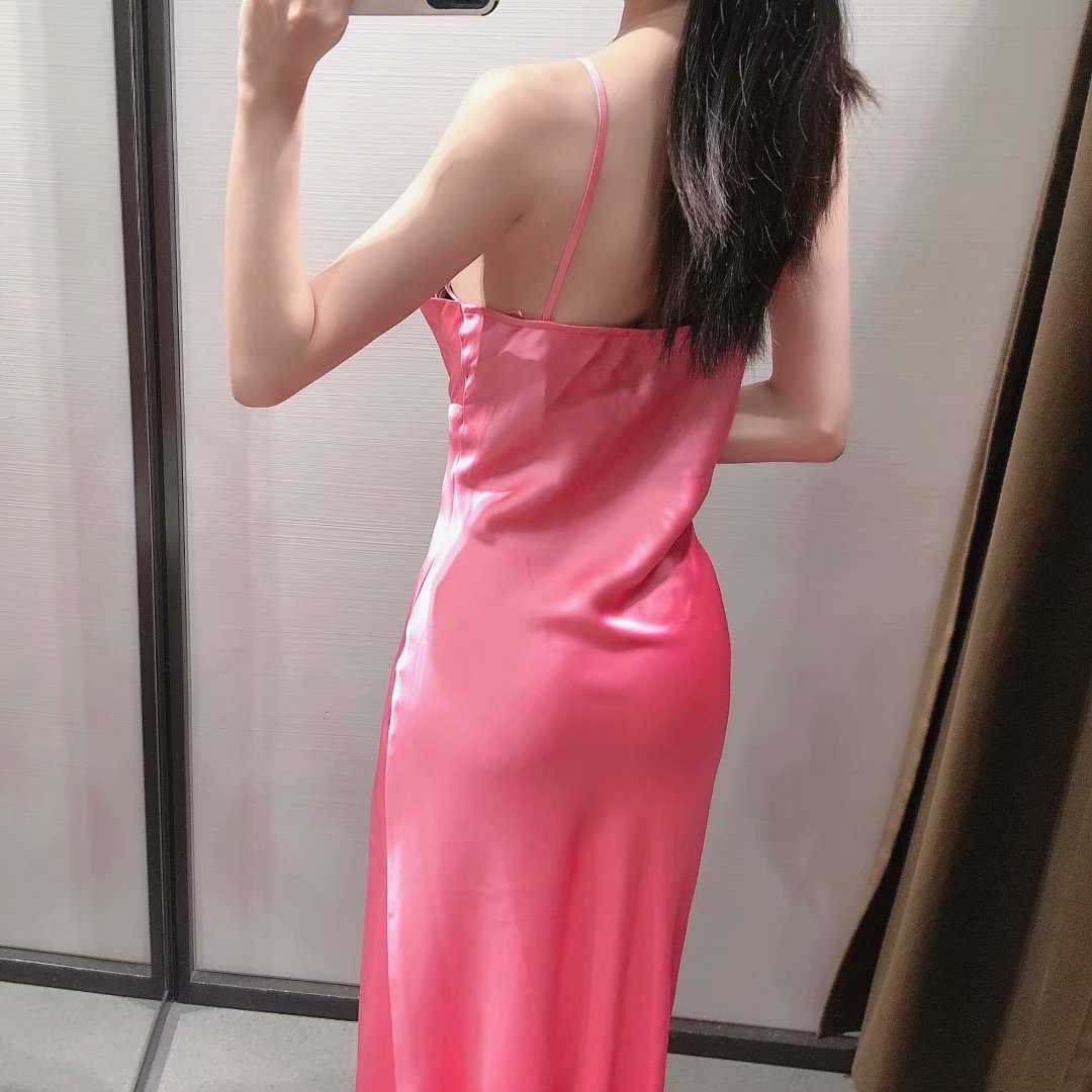 Summer Women Satin Camisole Dress V-neck elegant Casual Fashion Chic Lady Woman Long Sling slit dress 210709