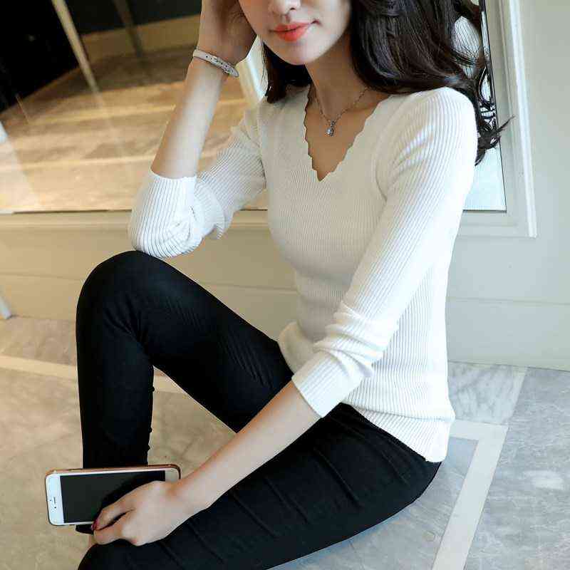 Autumn Long Sleeve Sweater Women Winter Pullovers Solid Black White Knitted Sweater Tops Wave Cut V-neck Basic Office 7809 50 211109