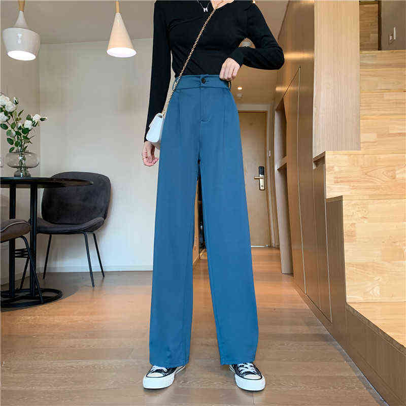 Casual Chic Loose High Waist Female Wide Leg Pants Spring Summer Ladies One Button Long Trousers Women Solid Suit 211115