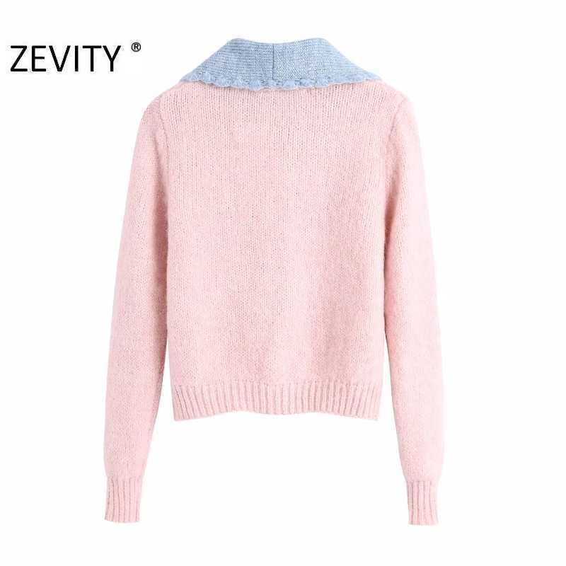 Zevity Women Fashion Color Matching Blue Collar Patchwork Pink Knitting Sweater Femme Chic Diamond Button Cardigan Tops S430 210603