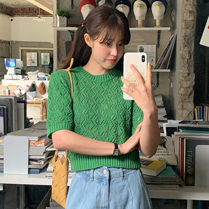 Korejpaa Women T-Shirt Summer Korean Chic Girl Western Style All-Match Round Neck Hollow Thin Puff Sleeve Knitted Pullovers 210526