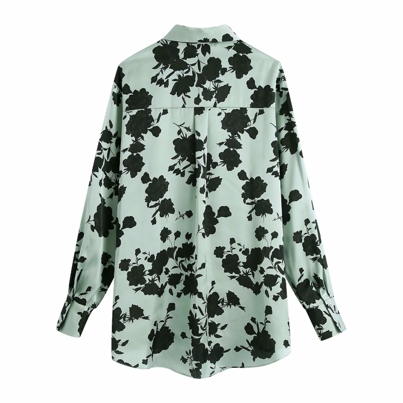 Women Flower Printing Loose Satin Blouse Female Turndown Collar Long Sleeve Shirt Casual Lady Tops Blusas S8316 210317