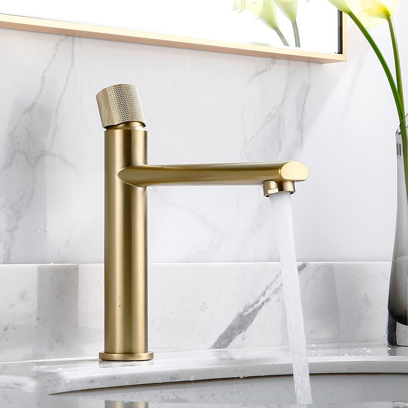 Bathroom Basin Faucets Brushed Gold Solid Brass Sink Mixer & Cold Single Handle Deck Mounted Lavatory Unique Design Taps 
Bathroom Basin Faucets Brushed Gold Solid Brass Sink Mixer & Cold Single Handle Deck Mounted Lavatory Unique Design Taps