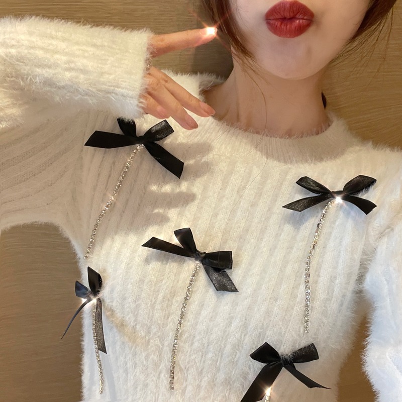 Neploe Sweater Women Casual O-Neck Long Sleeve Knitwear Korean Fashion Temperament Bowknot Sueter Bottoming Knitted Cropped 210422