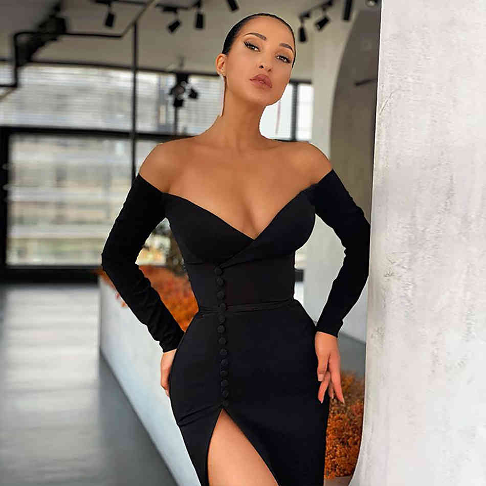 Spring Women Off Shoulder Black Long Sleeve Wrap Bandage Dress Sexy V Neck Midi Club Evening Party Ladies Dresses 210423