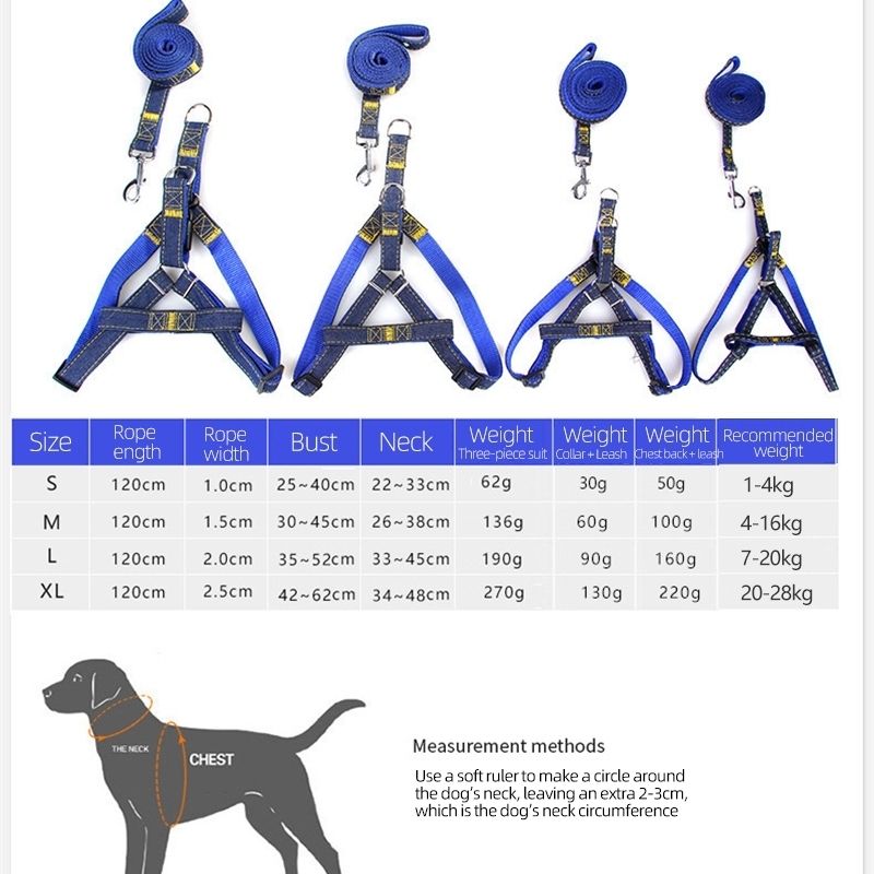 Dog Jeans Leash Harness Set Soft Nylon Denim Collar Adjustable For Cats Dogs Adjustable Leads Traction Rope For Walking Training