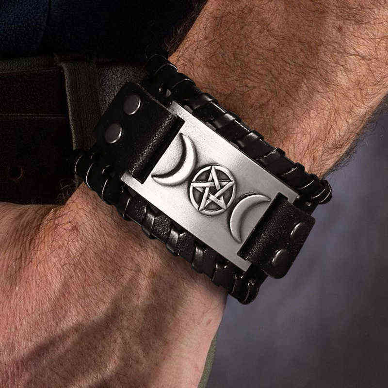 Moon Goddess Wicca Cuff Leather Bracelet for Men Wide Wristband in Black Brown