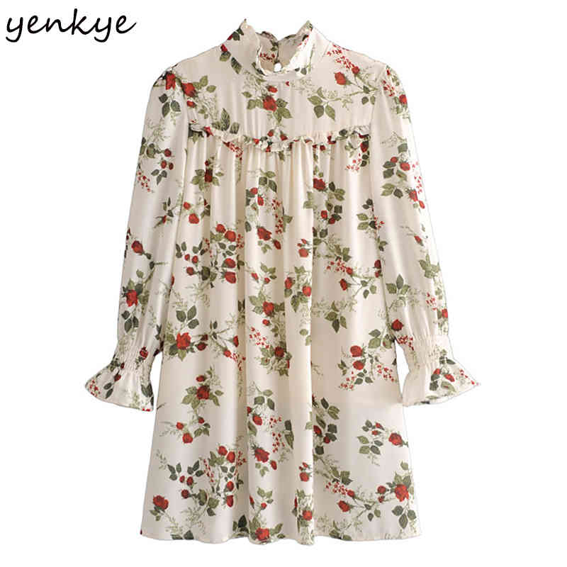 YENKYE Vintage Prairie Chic Floral Print Dress Women High Neck Long Sleeve Casual Summer Chiffon Dress Short Robe Femme 210515