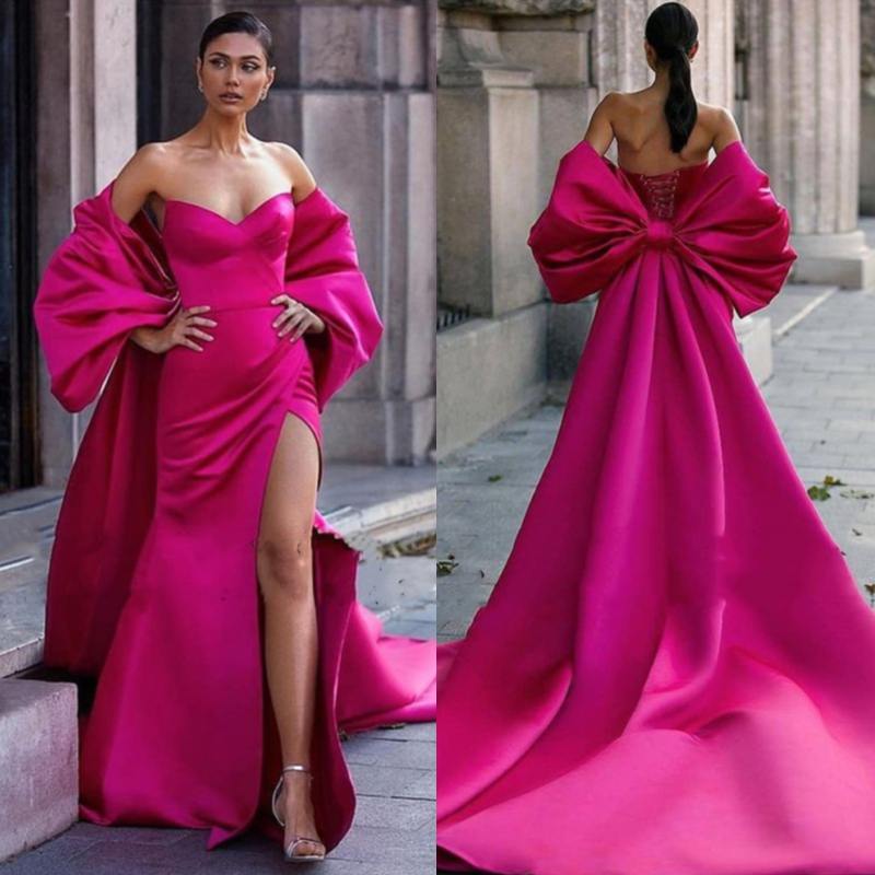 Modern Fuchsia Long Mermaid Evening Dresses With Back Big Bow Train Side Slit Sweetheart Night Prom Dress Formal Party Gowns Runway Pageant Wear Vesti