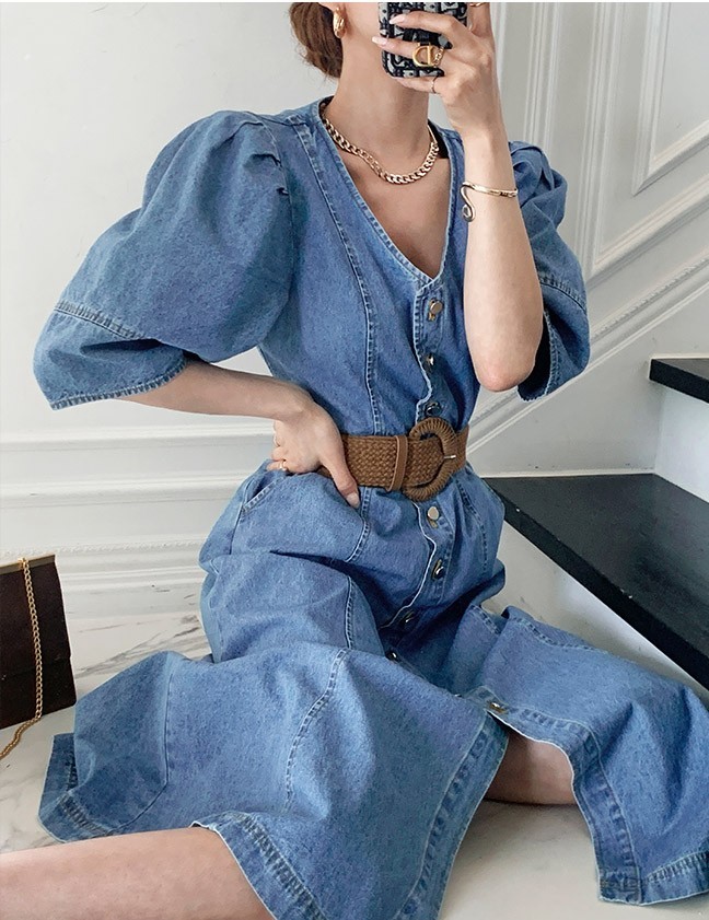Women Dress Korea Retro Temperament Denim V-Neck Single-Breasted Slim Waist Puff Sleeve Chic Long With Belt Vestido 210519
