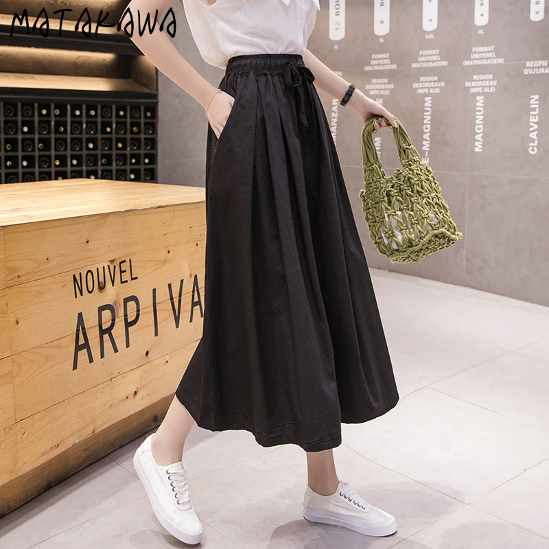 MATAKAWA Elastic Waist Loose Nine-point Wide-leg Pants Women's Culottes Summer Mid-length High-waist Lace-up Fashion Pantskirt 210513