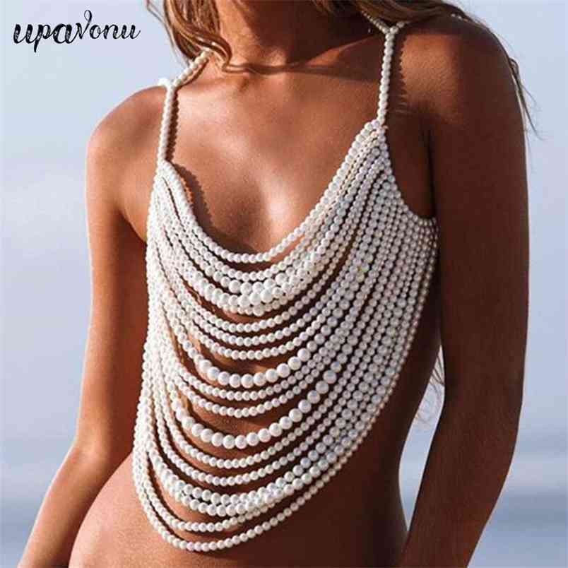 Free Fashion Strap Pearl Top Women V-neck Sleeveless Halter Elegant Beaded Tank Party Accessories 210524