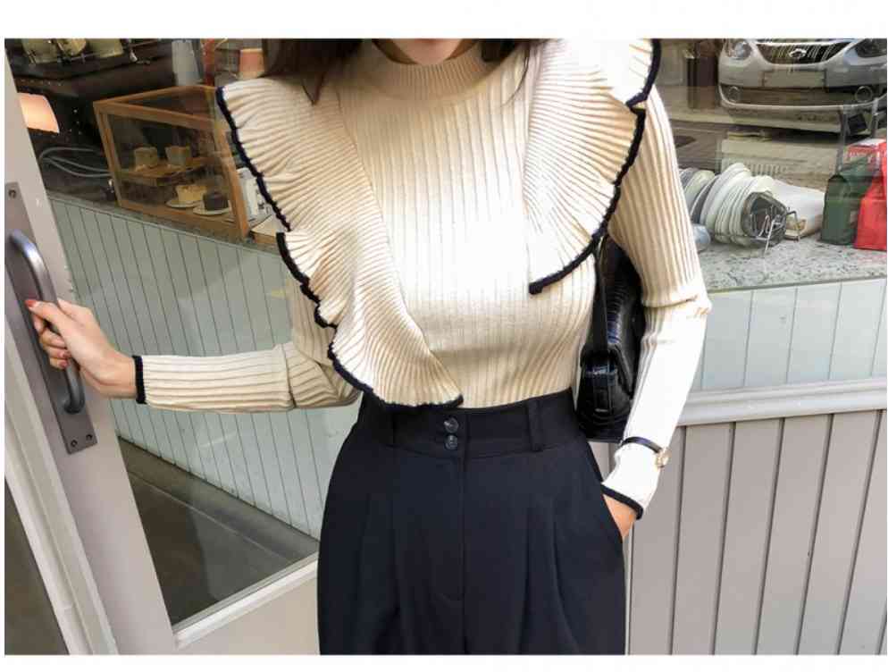 Autumn fashion Hit Color Ruffled Stitching Women's Pullover Sweater All-match Lotus Leaf Edge Female Knitwear Tops 210518
