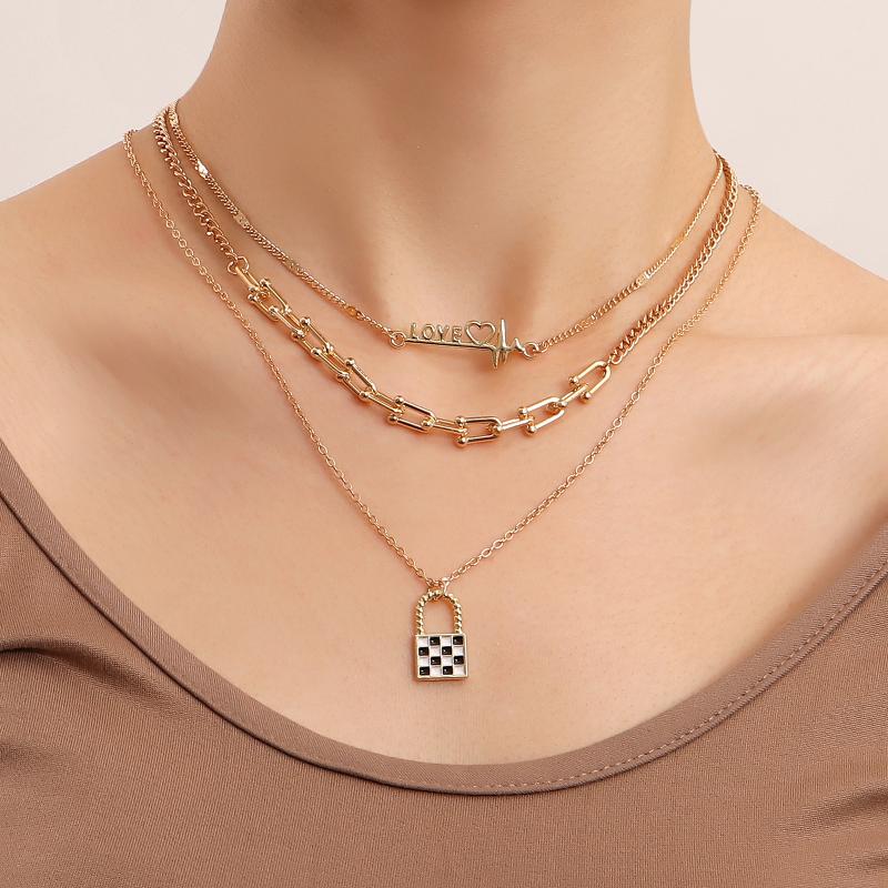 Pendant Necklaces Trend Multi-layer Black And White Grid Lock Necklace LOVE Letter Female Ins Metal Style, Silver
Pendant Necklaces Trend Multi-layer Black And White Grid Lock Necklace LOVE Letter Female Ins Metal Style, Silver