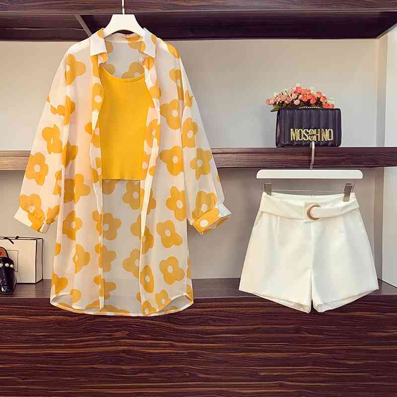 Plus Size L-4XL 3 Piece Set Women Flower Printing Chiffon Sunscreen Long Shirt + Solid Vest +High waist Metal Ring Shorts Suits 210707