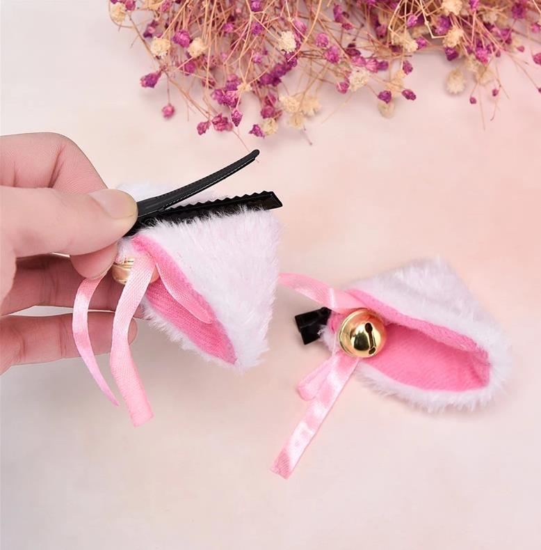 Anime Hairclips Furry Fur Lolita Hairpins Cosplay Neko Cat Ears Barrettes with Bell Halloween Party Headpiece