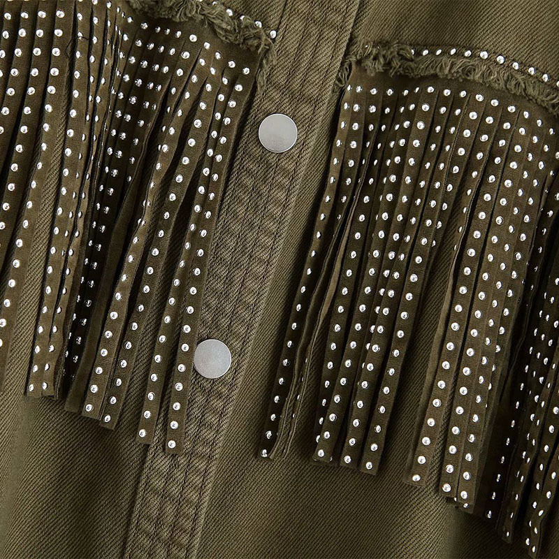 2109 Autumn Tassel Rivet Single-breasted Women's Jacket Tops Vintage Frayed Lapel Long Sleeve Army Green Denim Female Coat 210507