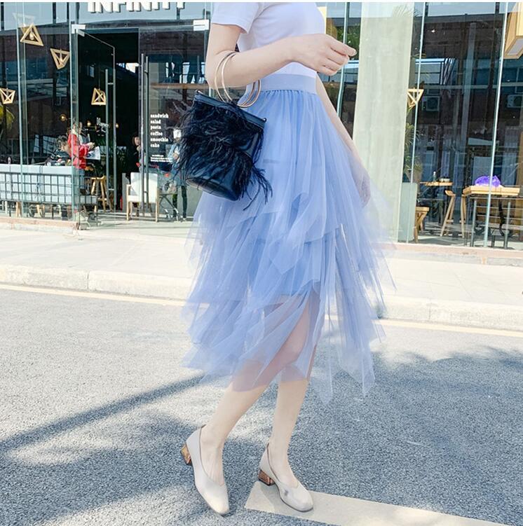 Women Irregular Mesh Skirt Korean Clothes Summer Vintage Elastic Waist Pleated Mid Long A-line Skirts Femme 210429